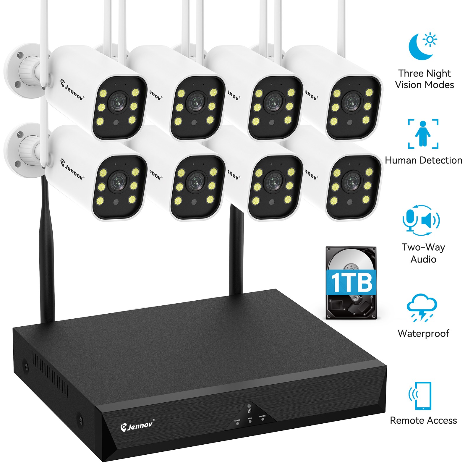 JENNOV Wireless 5MP Security Camera System Home 10CH NVR Two-Way Audio Recording