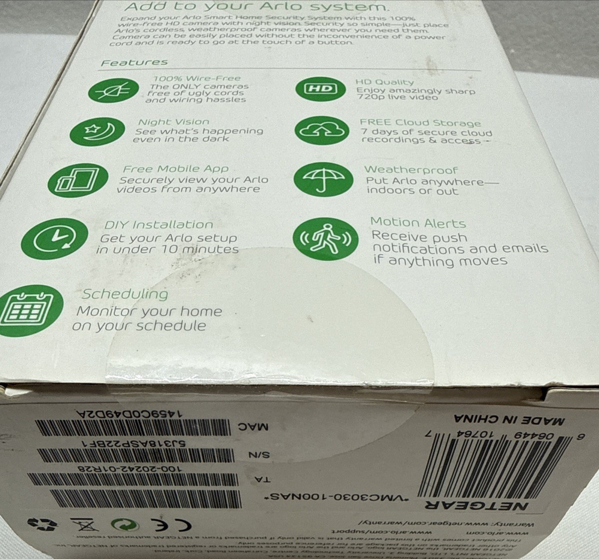 Arlo Add-on Camera Motion Detection Night vision HD VMC3030 -w/ Battery + Mount