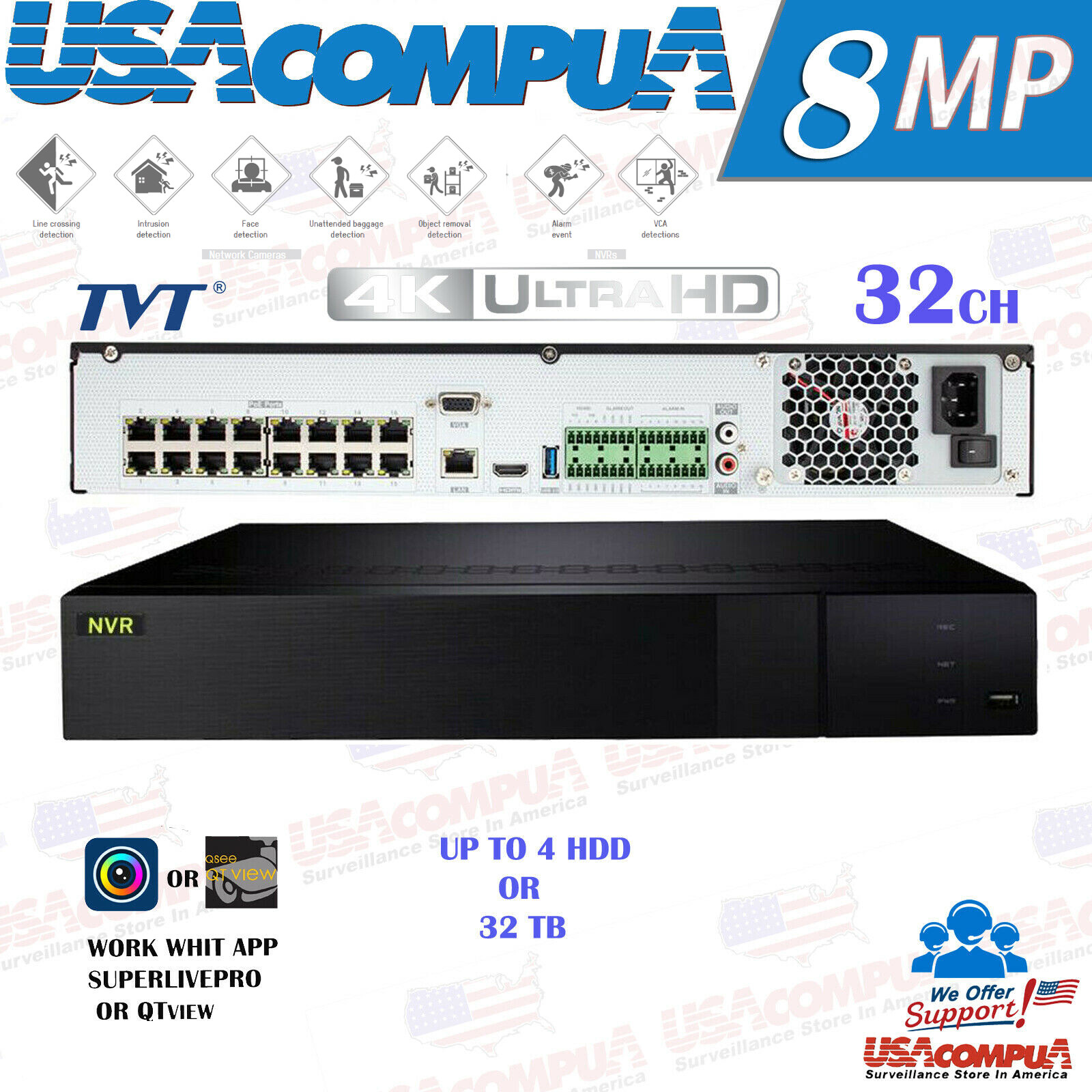 TVT 32CH Security System 4MP NVR KIT 16CH POE H265+ HARD DISK INCLUDED