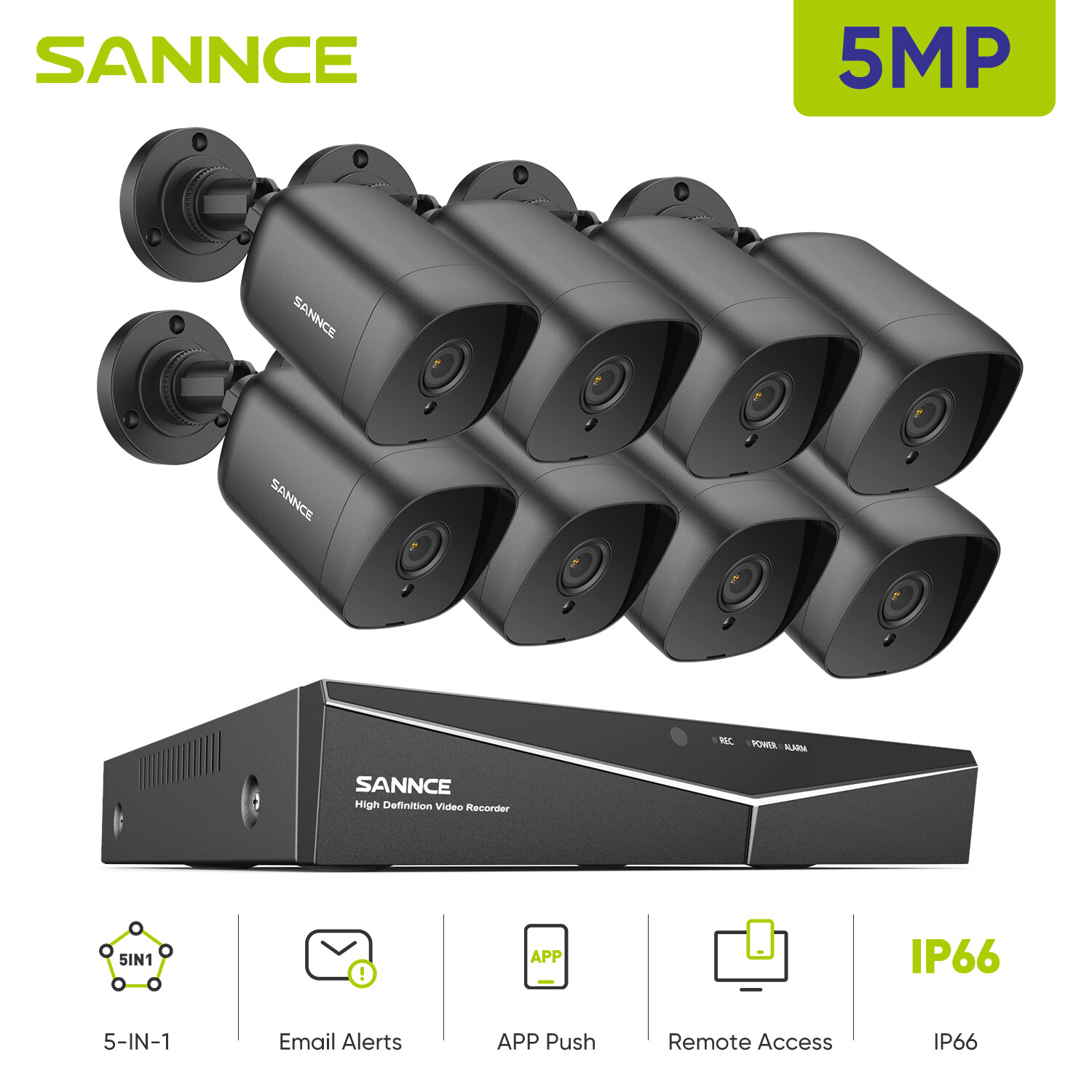SANNCE 5in1 8CH DVR 5MP Video CCTV Security Camera System Outdoor Night Vision