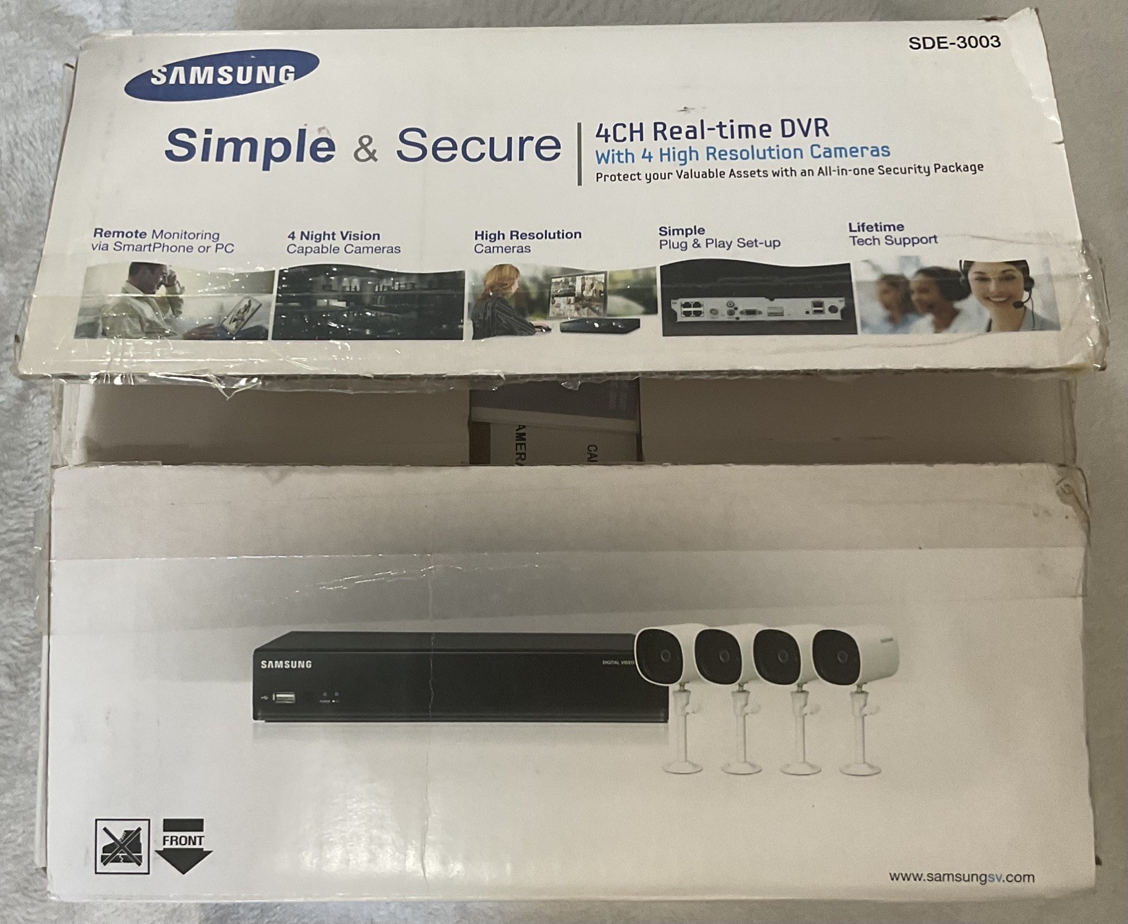 Samsung 4CH Real-Time DVR w/ 4 Hi-Res Cameras 1TB HDD #SDE-3003 New Open Box