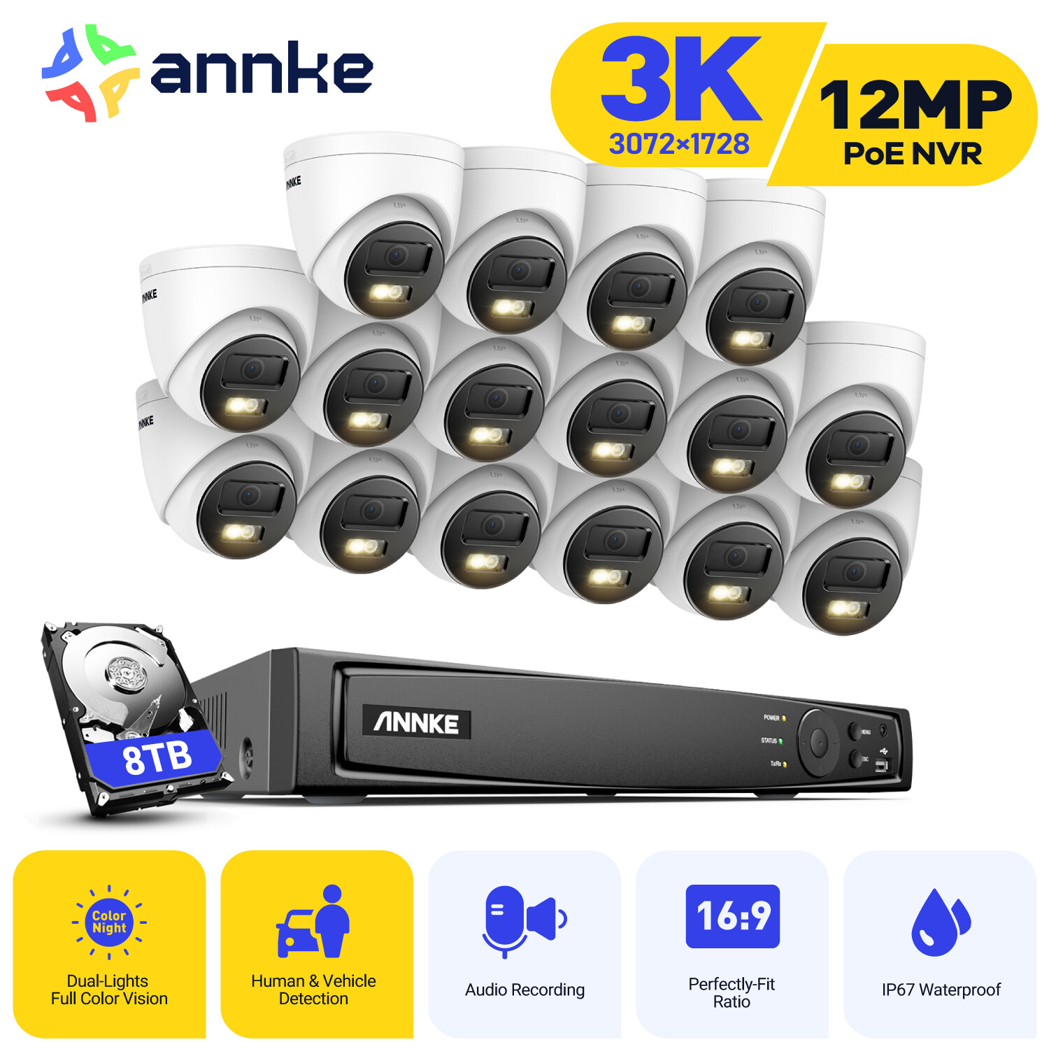 ANNKE 12MP 16CH NVR 5MP POE AI Color Night Vision Security Camera System Outdoor