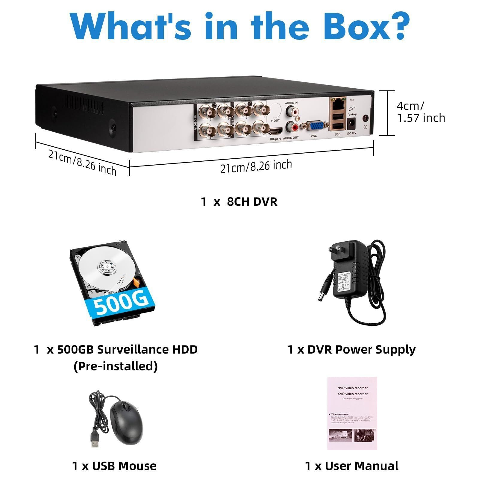 8 Channel H.265+ DVR 1080P HD with 500GB Hard Drive for Security Camera System