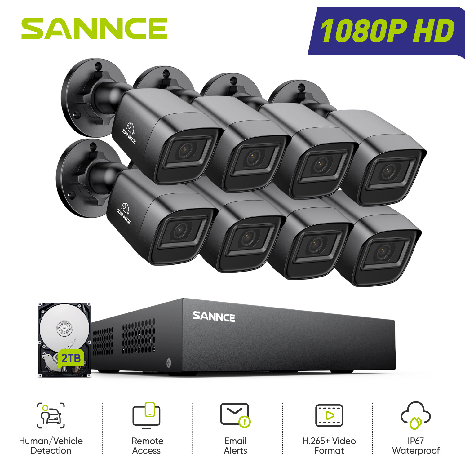SANNCE 5IN1 8CH DVR CCTV 1080P Video Security Camera System Outdoor AI Detection
