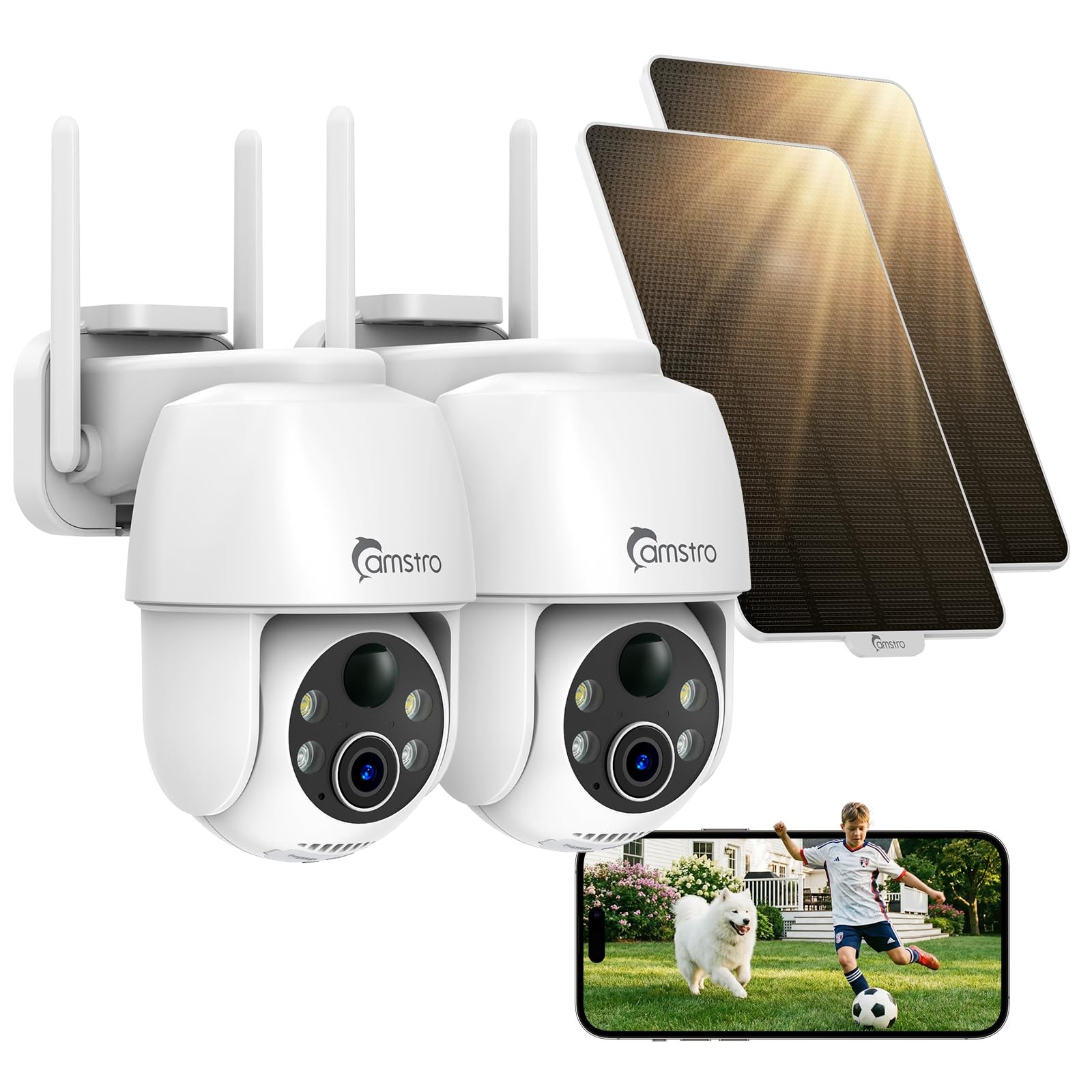 CAMSTRO Solar Security Cameras Wireless Outdoor 2 Pack, WiFi 6 with White