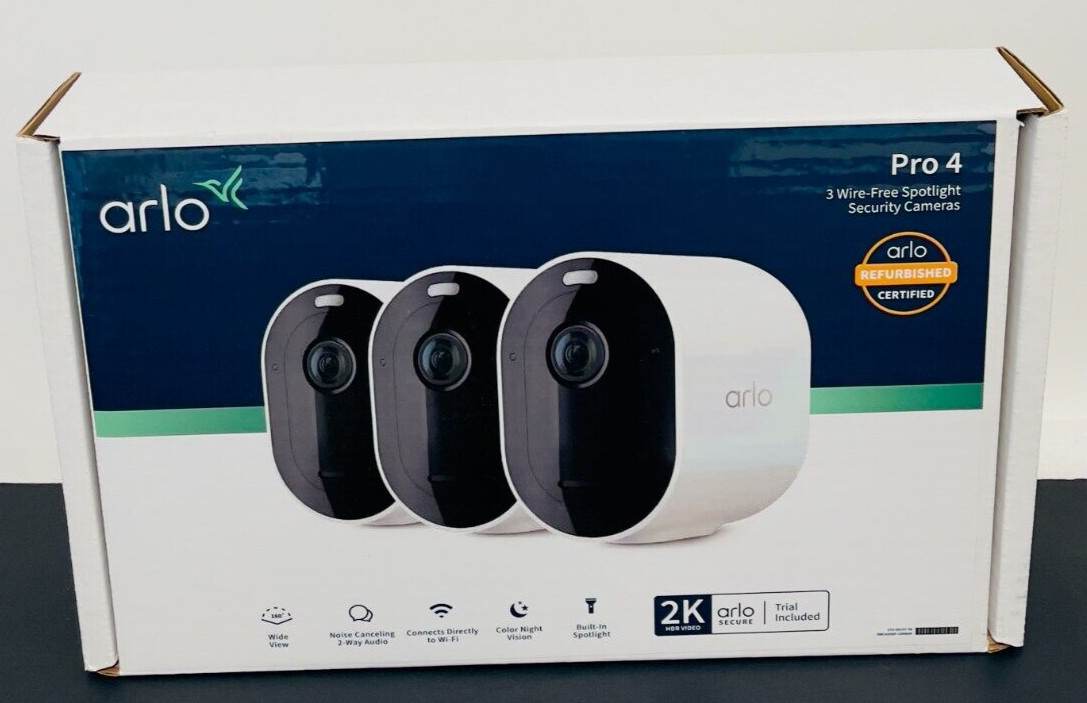 Arlo VMC4350P-100NAR Pro 4 Spotlight Camera 3 Pack, NEW
