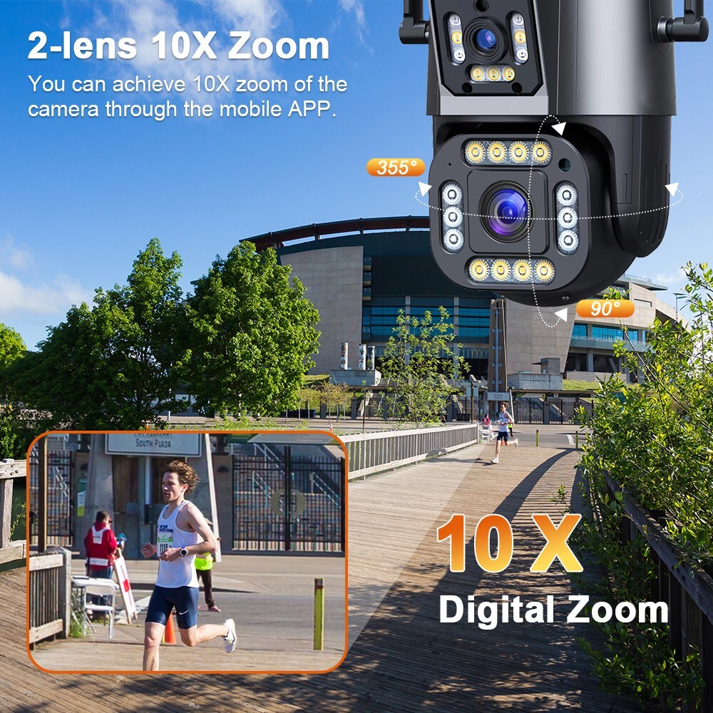 WiFi 8MP Wireless PTZ Camera Security CCTV Waterproof Two-Way Audio 2-Lens
