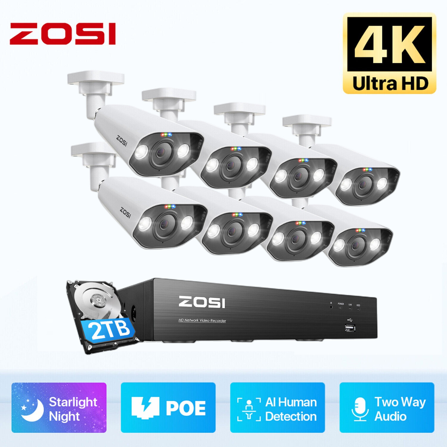 ZOSI 16CH/8CH NVR 4K 8MP POE Security Camera System Audio Recording IP Network