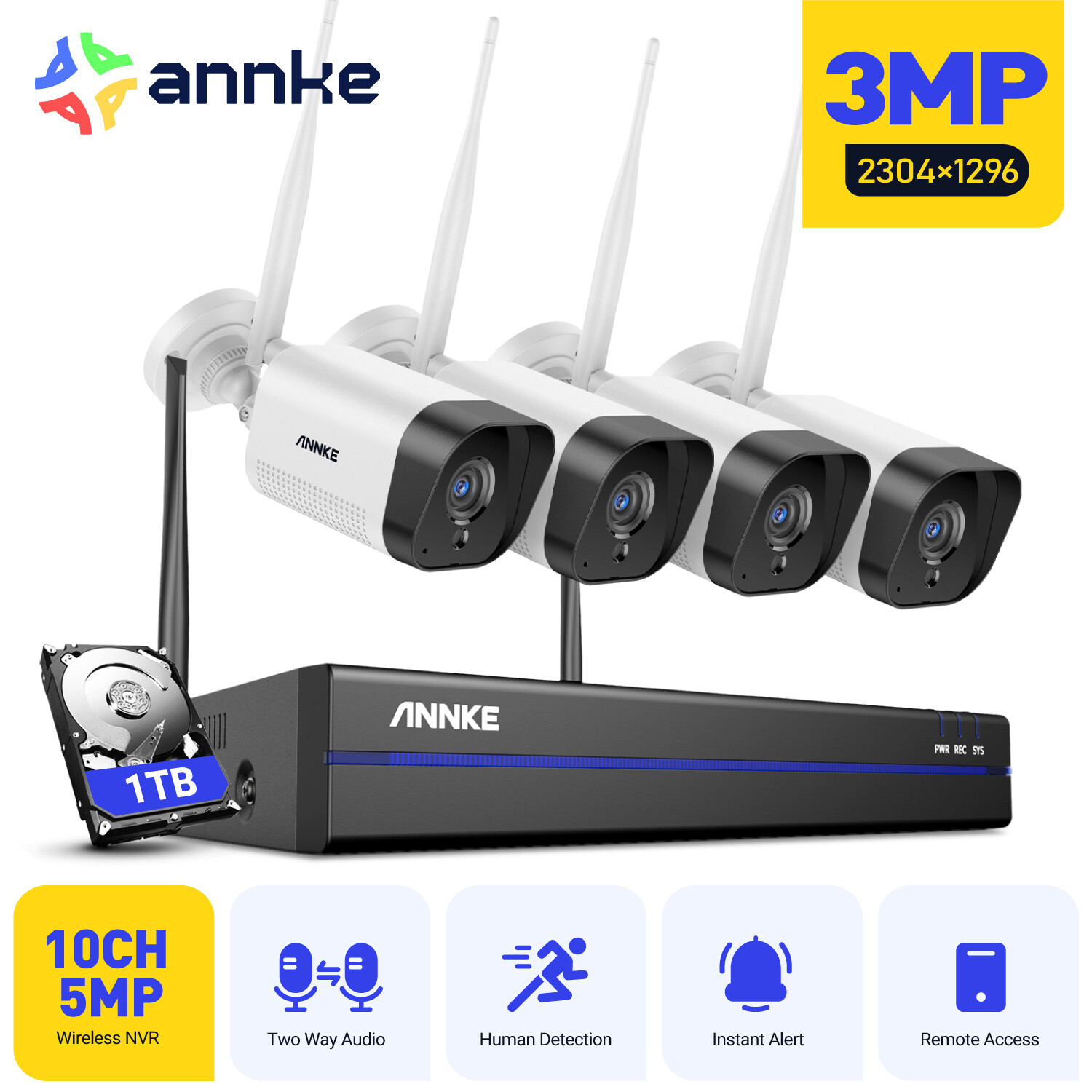 ANNKE 3MP Wireless CCTV AI Security Camera System WiFi 8CH NVR Two Way Audio 1TB