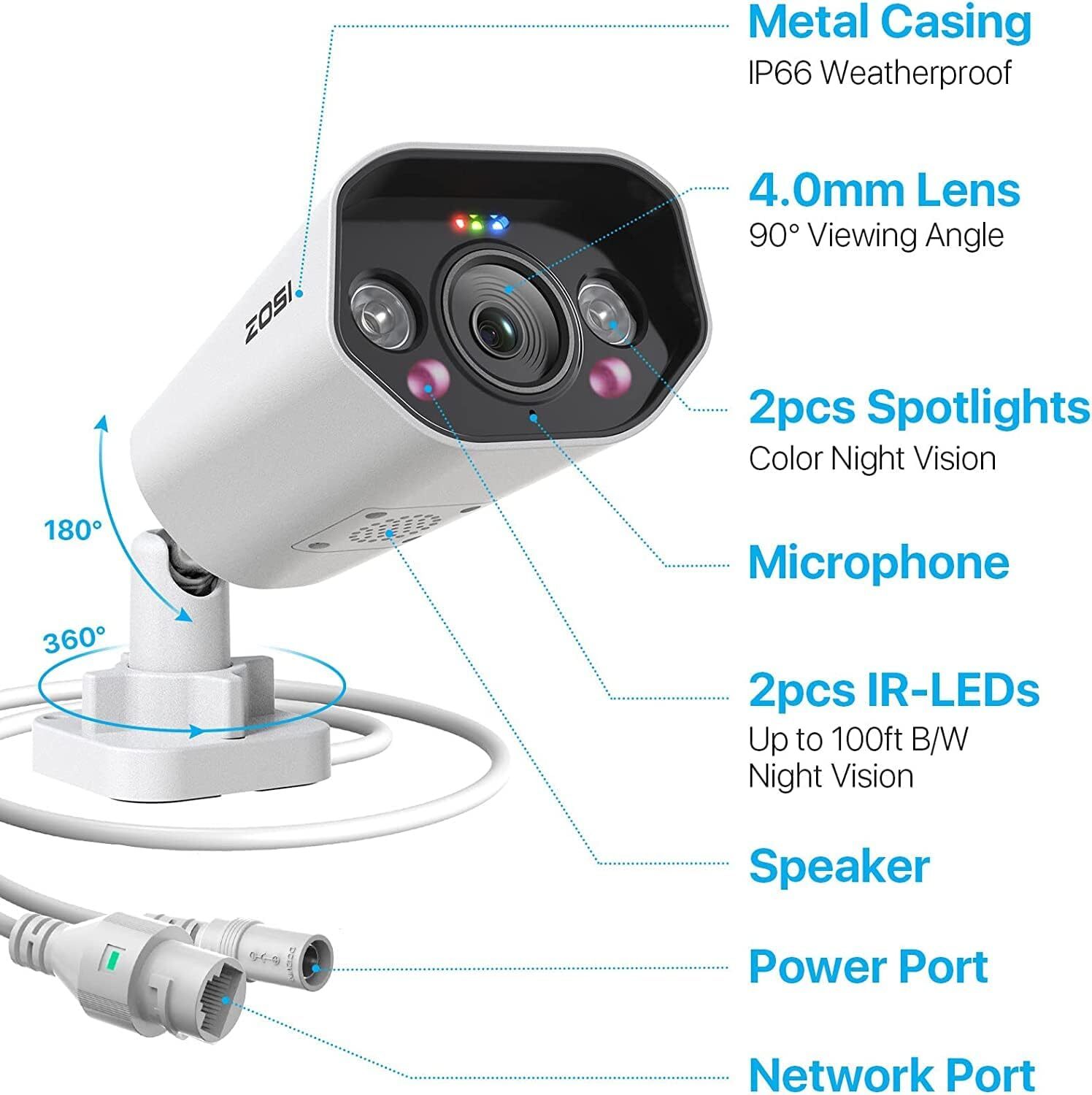 ZOSI 4K 8CH Spotlight PoE Security Camera System NVR with 2TB HDD for 24/7 Audio