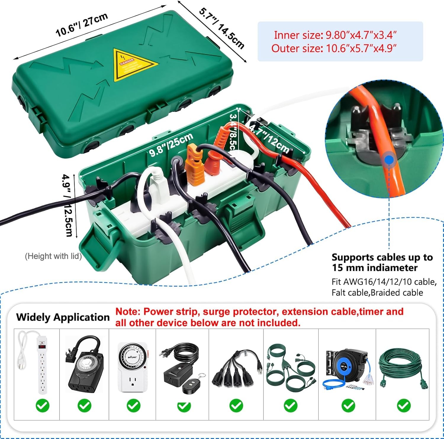 Hrensaw Medium Outdoor Electrical Box(10.6×5.7×4.9inch),Weatherproof Green