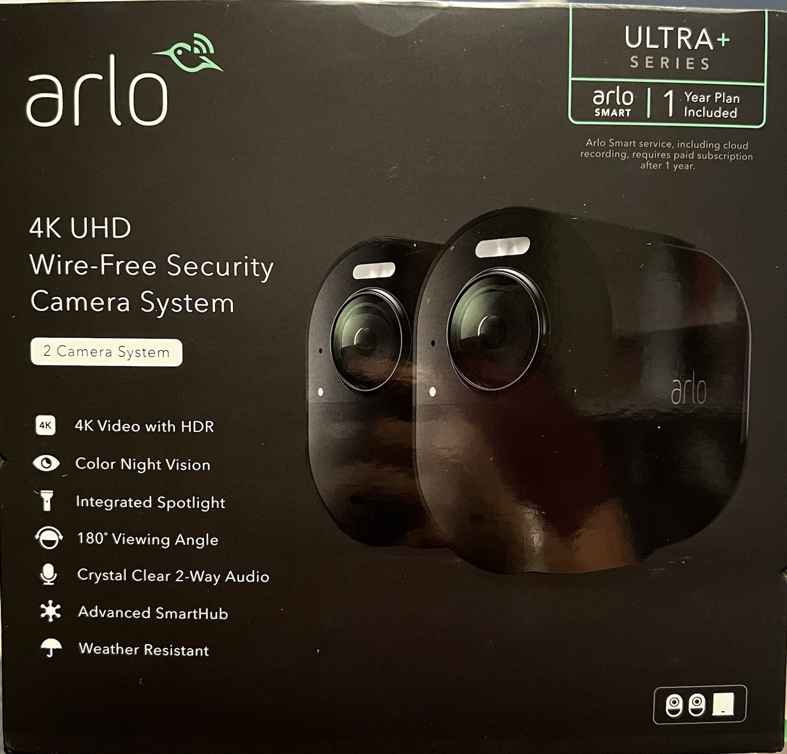 2 Arlo ultra 4k uhd wire-free security camera, 2 Solar Panels, 1 Wired Doorbell