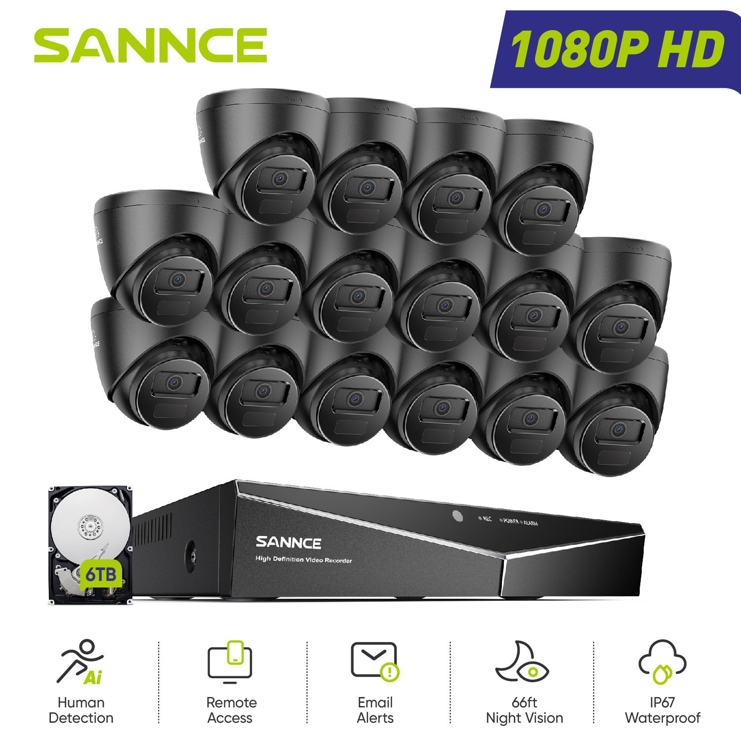 SANNCE 16CH 1080P Lite DVR CCTV Outdoor 2MP Security Camera System AI Detection
