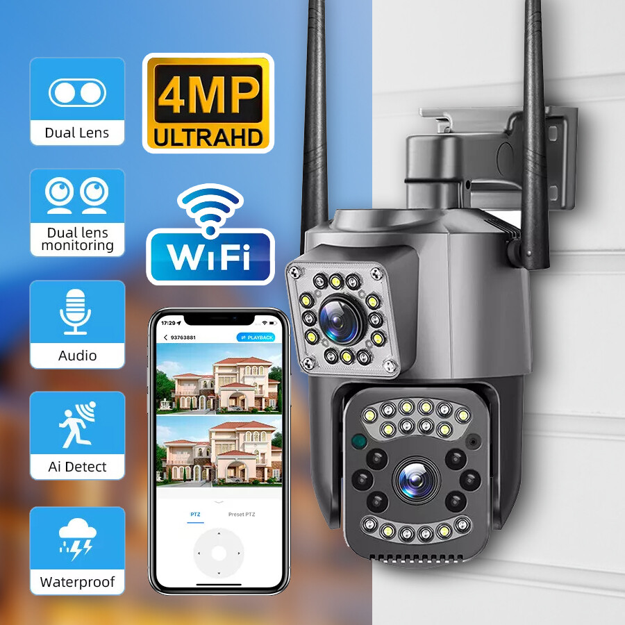 2 Lens HD 4MP Outdoor Camera 360° Coverage Night Vision Weatherproof 2-Way Audio