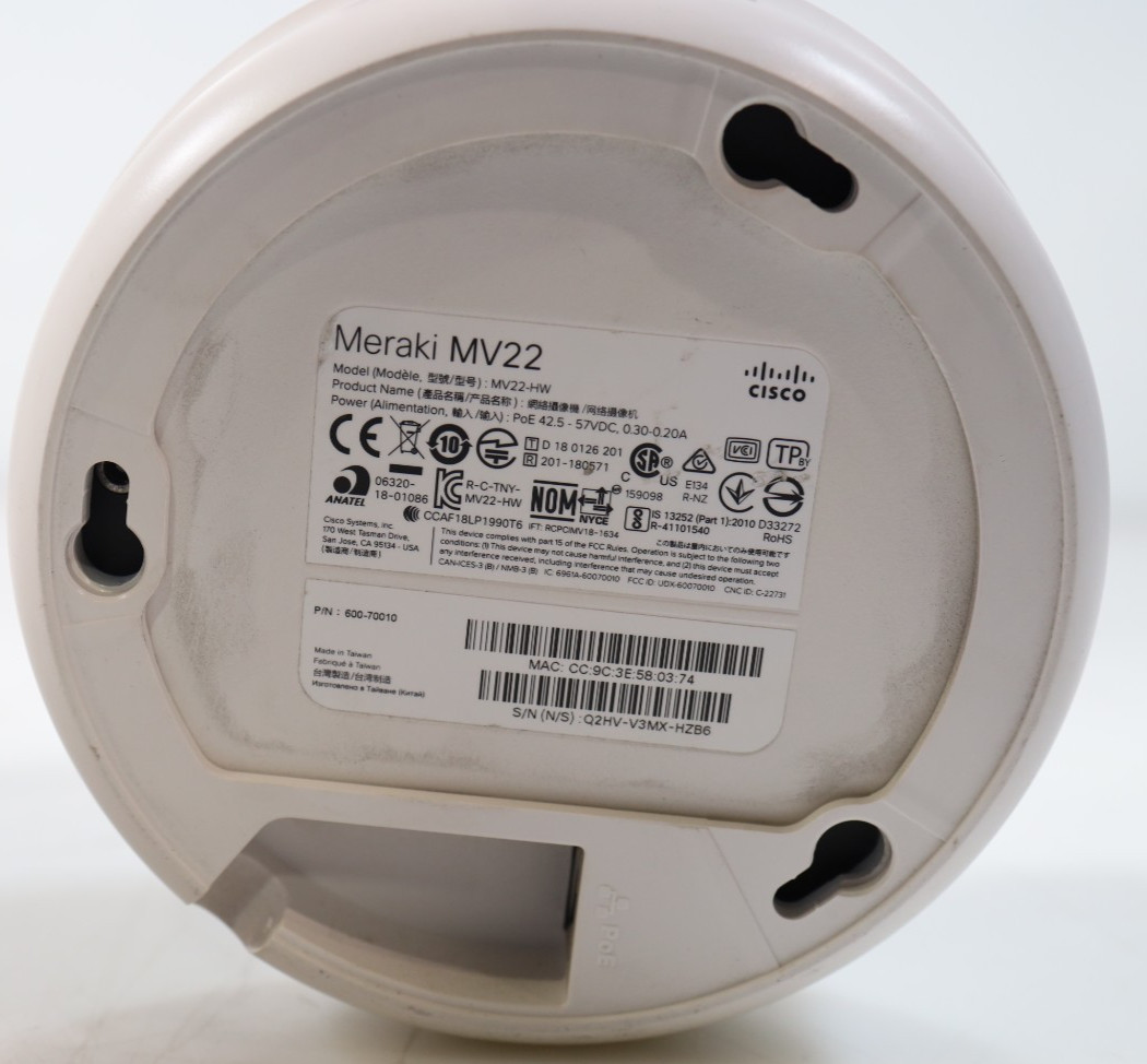 Cisco Meraki MV22-HW Varifocal Indoor 1080p IP Network Dome Camera White