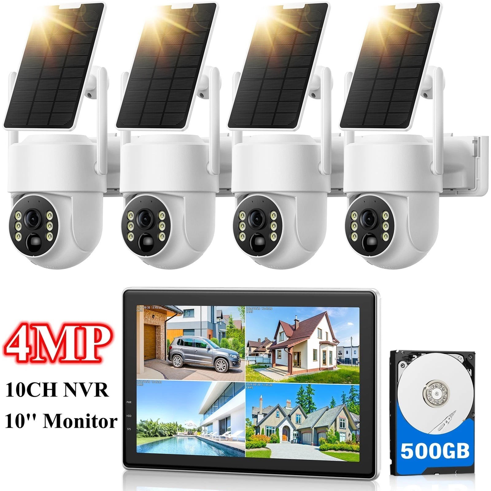 Solar Security Camera System Outdoor Wireless 4 Cam-Kit 4MP Color Night Vision
