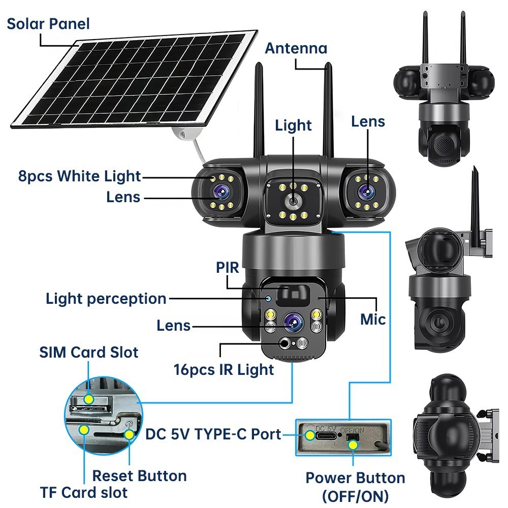 4PCS 16MP 4G SIM Solar Battery Security IP Camera Outdoor Home 4 Lens PTZ CCTV