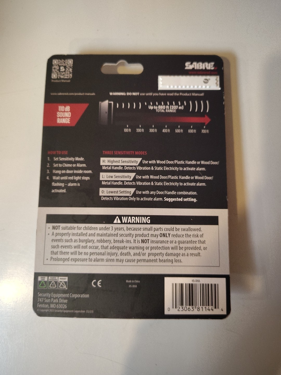 Sabre HS-DHA Door Handle Alarm 110dB Wireless Vibration Sensor for Home & Travel