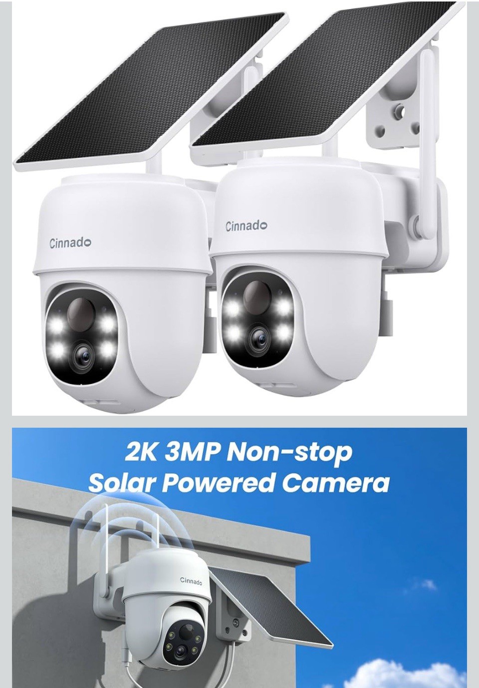 NEW Cinnado 2K Solar Wireless Outdoor Cameras 2-Pack, Color Night Vision, Alexa