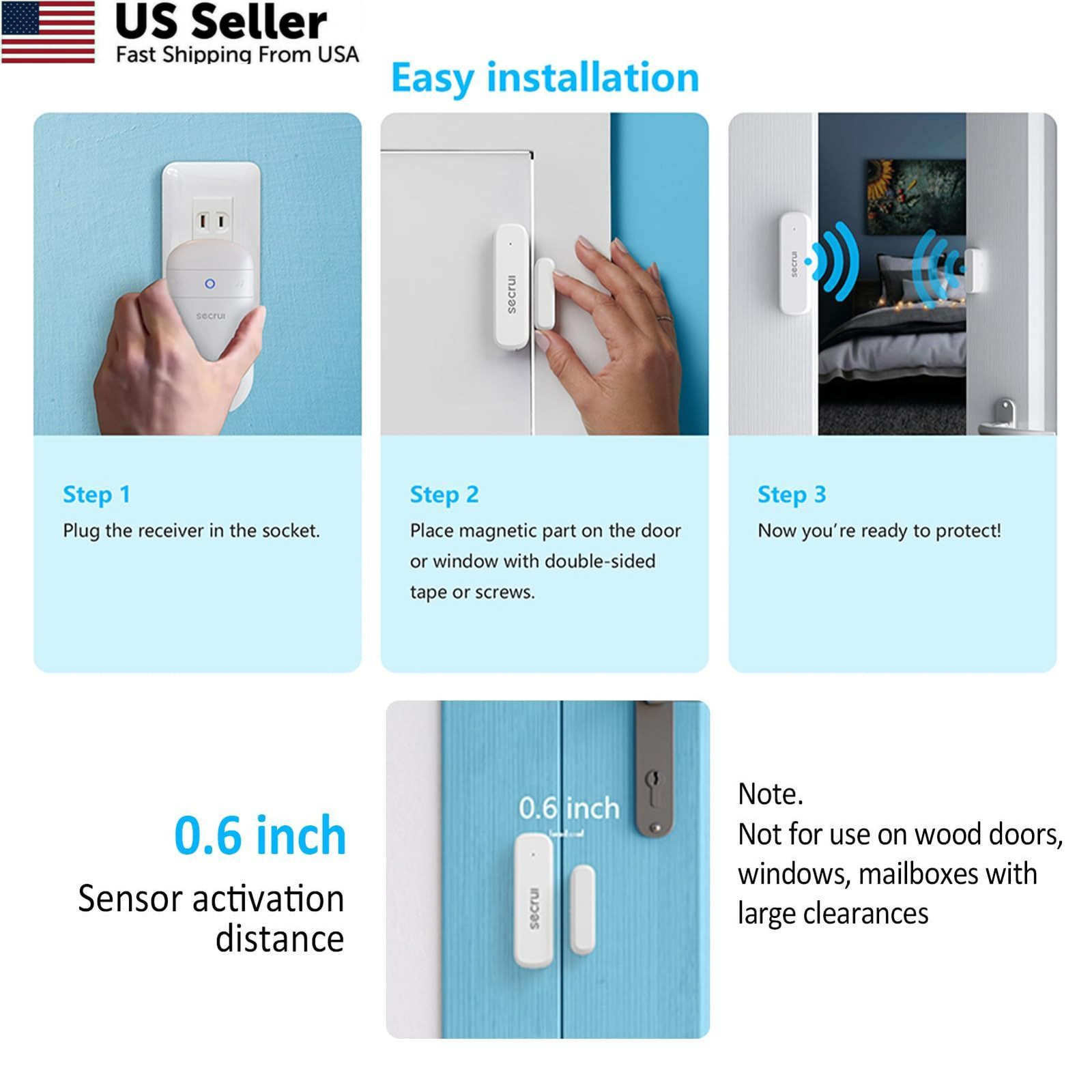 Door Chime When Opens, Opened Alarm for 1 Receiver+1 Sensor, White
