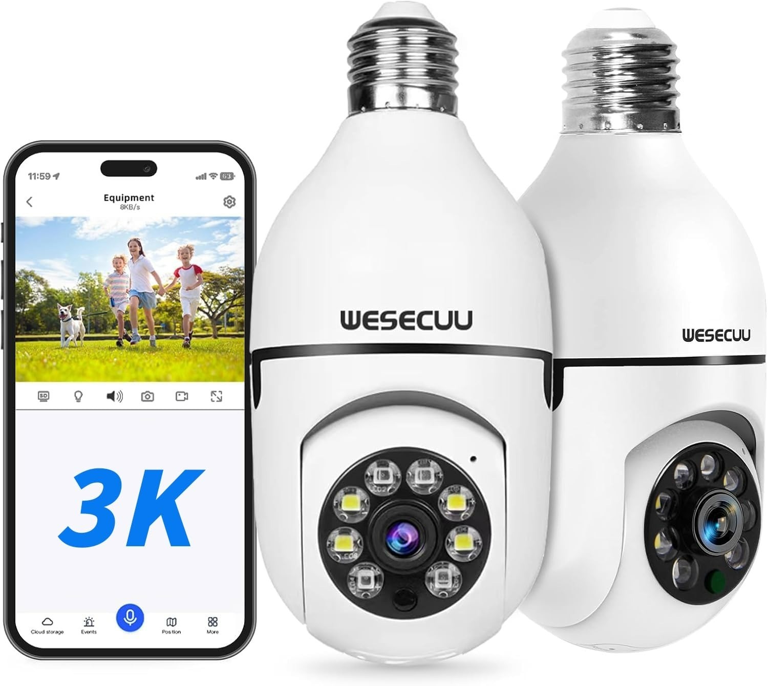 WESECUU Light Bulb Security Camera 2K WiFi Motion Detection Night Vision