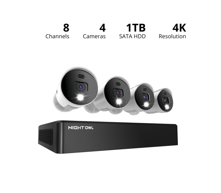 NEW Night Owl 8 Channel 4K Bluetooth DVR w/ 1TB Hard Drive & 4 Wired UHD Cameras