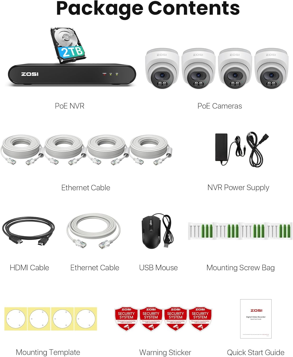 ZOSI 4K 4PCS 5MP Wireless Security Camera System 8CH 4K NVR 1TB HDD AI Detection
