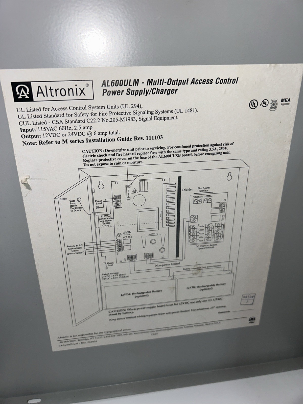 Altronix Al600ULM Power Supply (POWER SUPPLY ONLY)