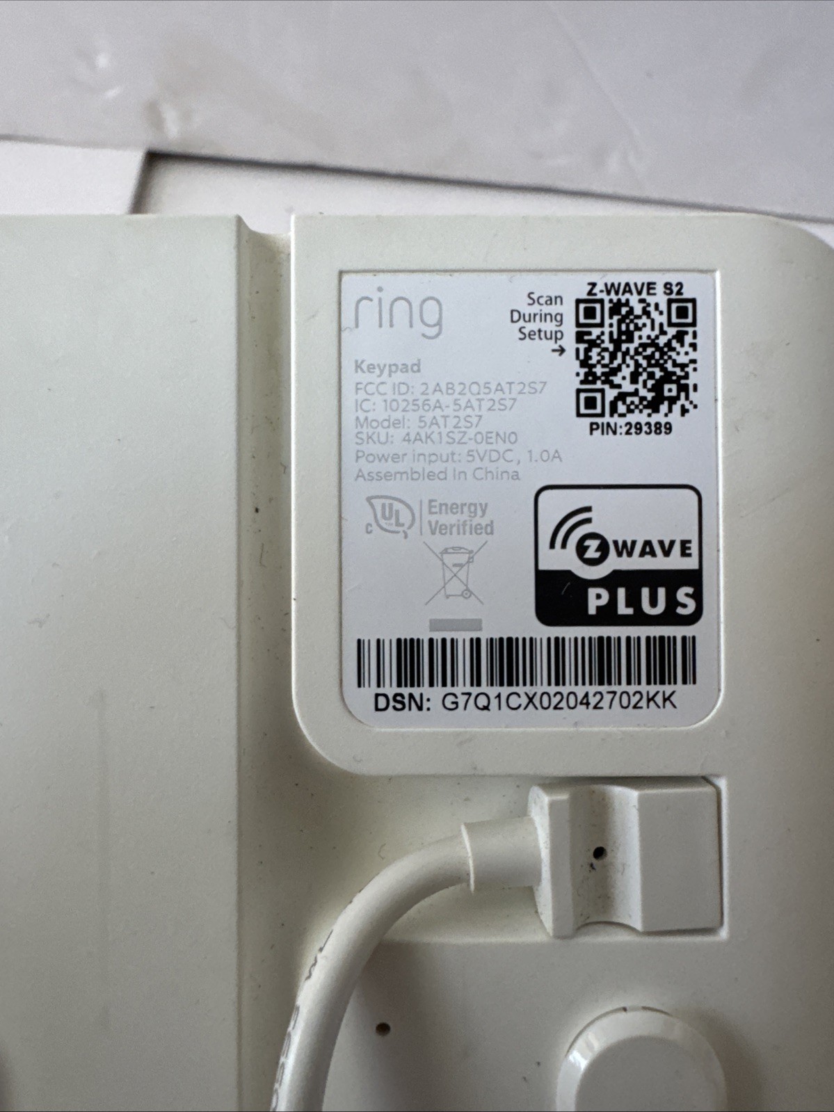 Ring Alarm Keypad (2nd Gen) Model 5AT2S7 Z-Wave Plus w/ Power Adapter Works