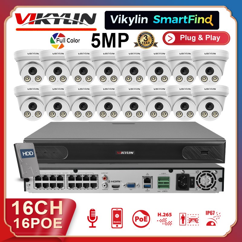 Vikylin SmartFind 16CH 16 POE NVR CCTV System 5MP IP Camera Full Color Audio Lot