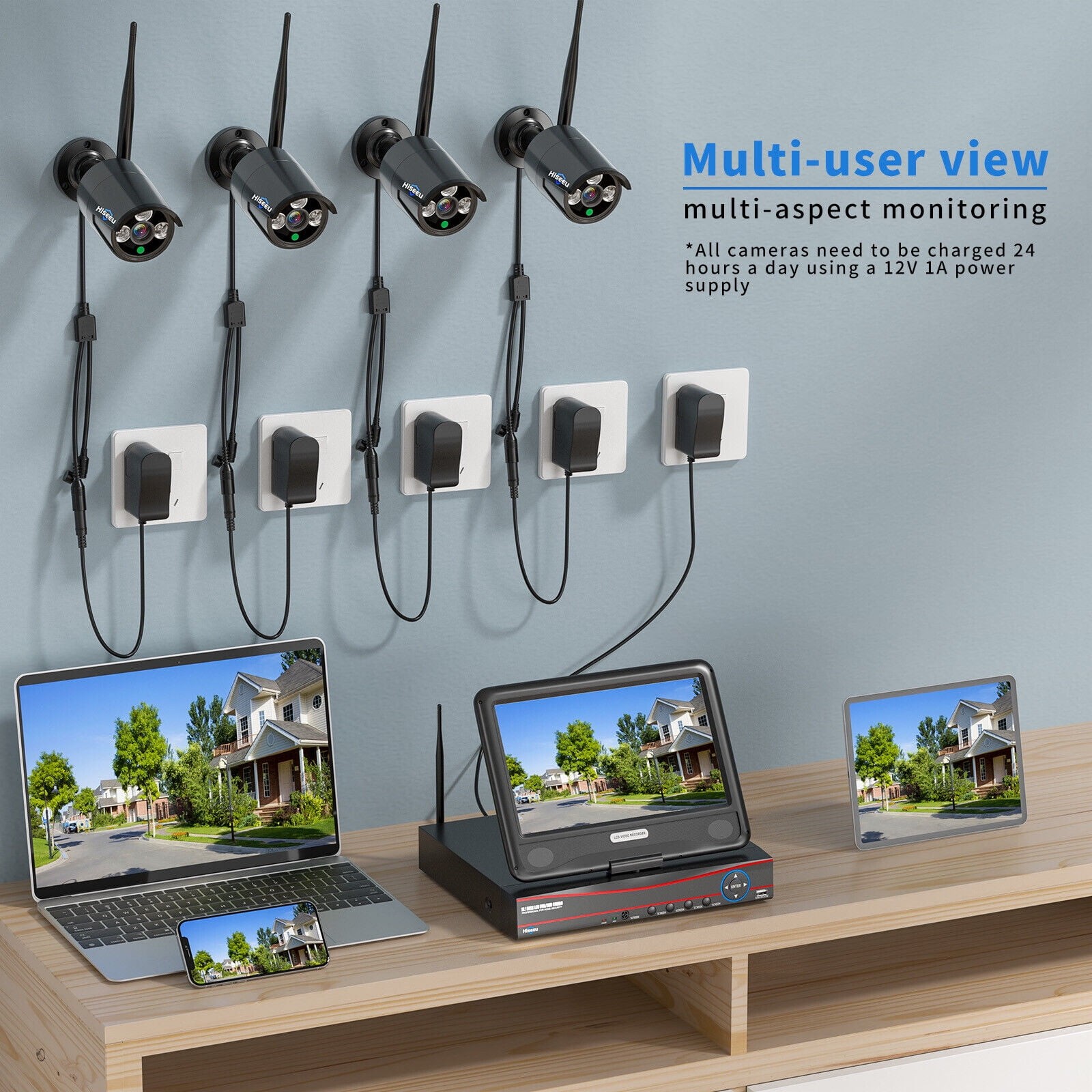 Wireless Security System 10 Inch Monitor 1tb NVR 4 Camera Kit Night Vision Audio