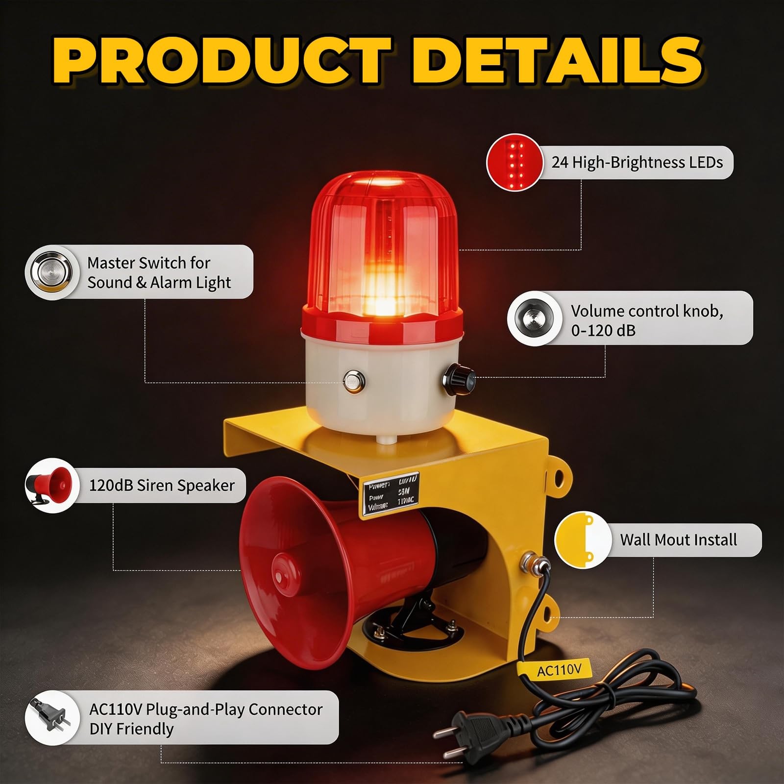 kbaoele AC110V Industrial Siren Alarm Strobe Light-120dB Loud Horn&Waterproof