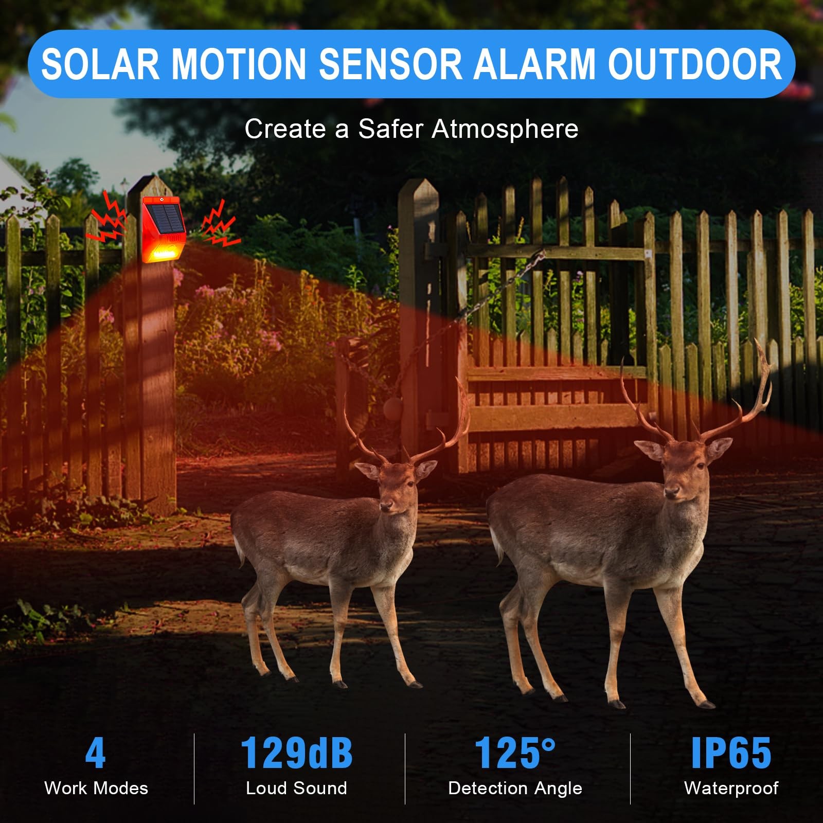 Solar Motion Sensor Alarm Outdoor Motion Detector 129db Loud Sound Security S…