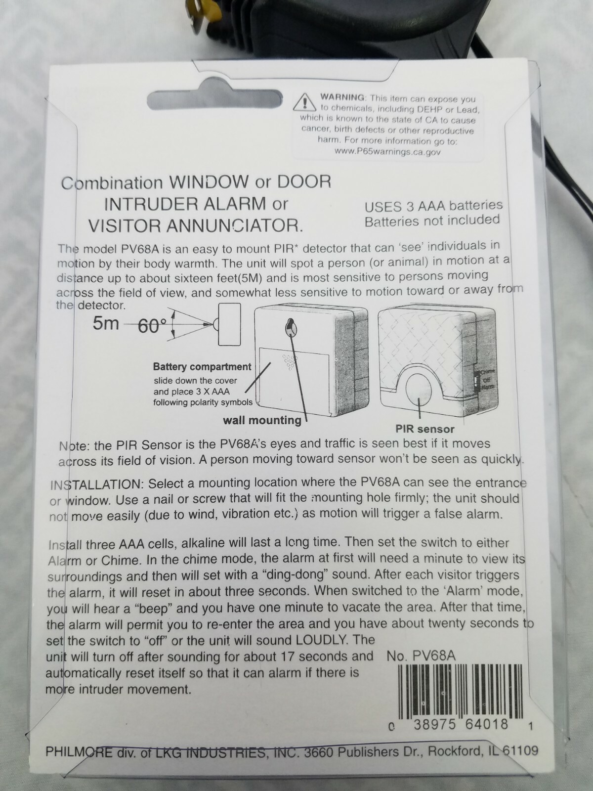 Philmore PV68A Wireless PIR Entrance Door Bell Chime Annunciator, Intruder Alarm