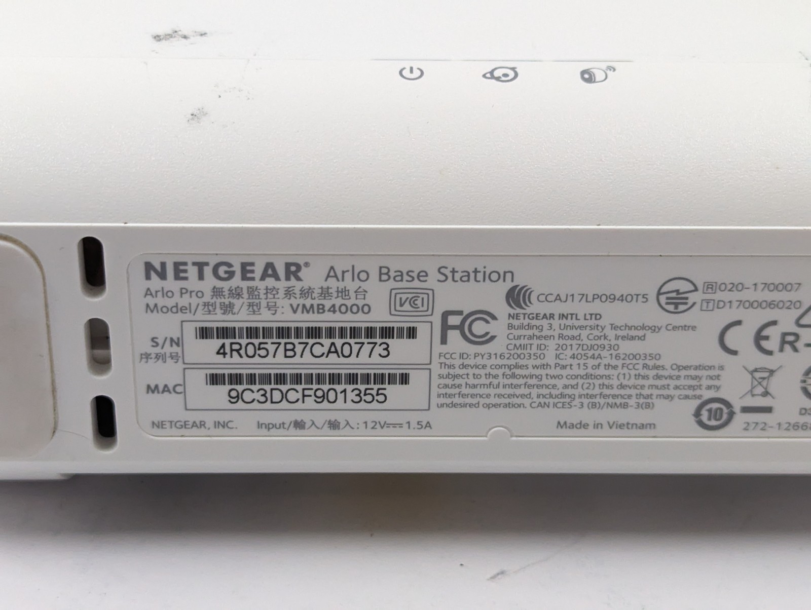 NetGear Arlo Pro VMB4000 Wireless Security Camera Base Station w/ AC Adapter