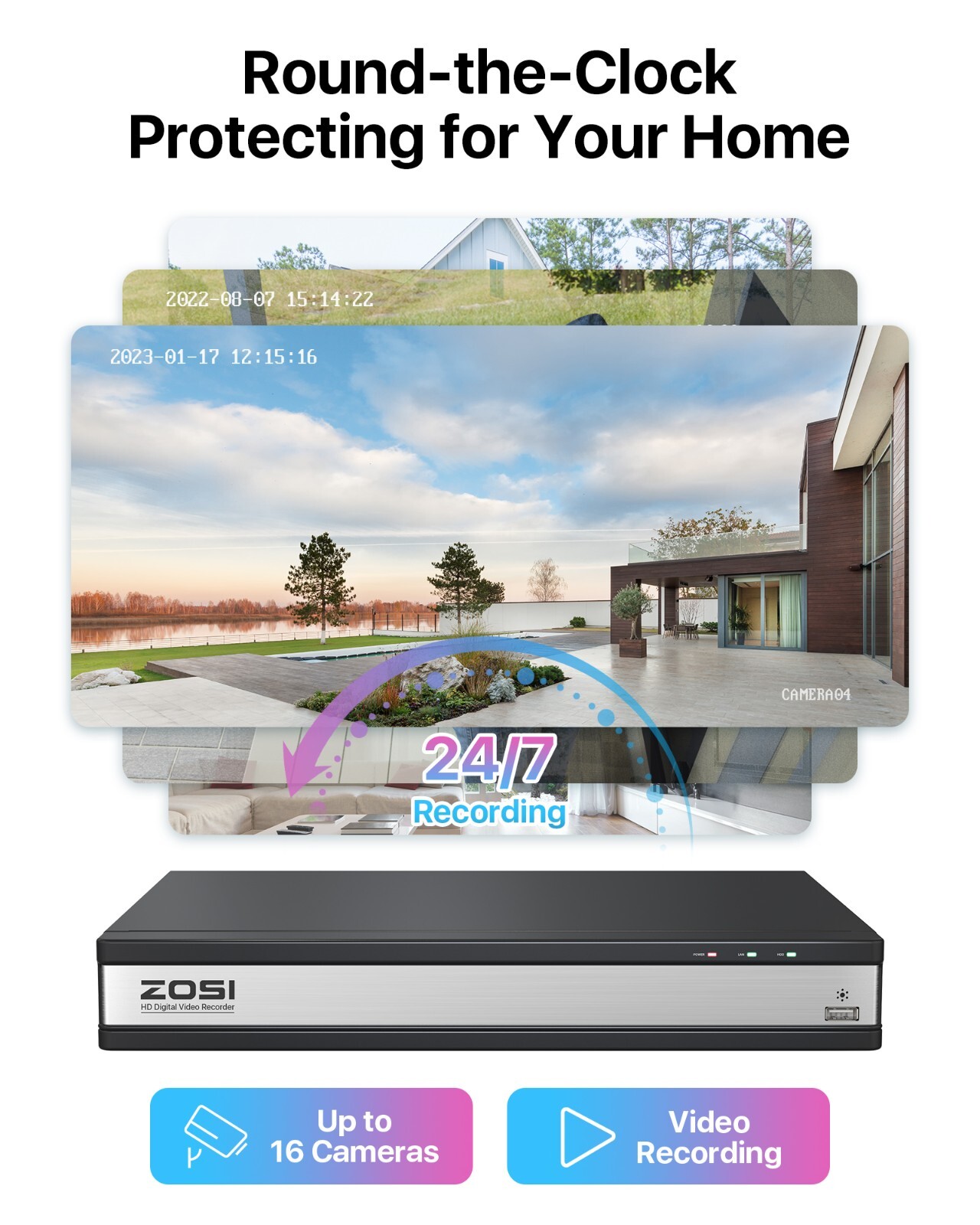 ZOSI 16CH DVR Security 80FT Dome Camera HD Outdoor Day& Night CCTV System 4TB