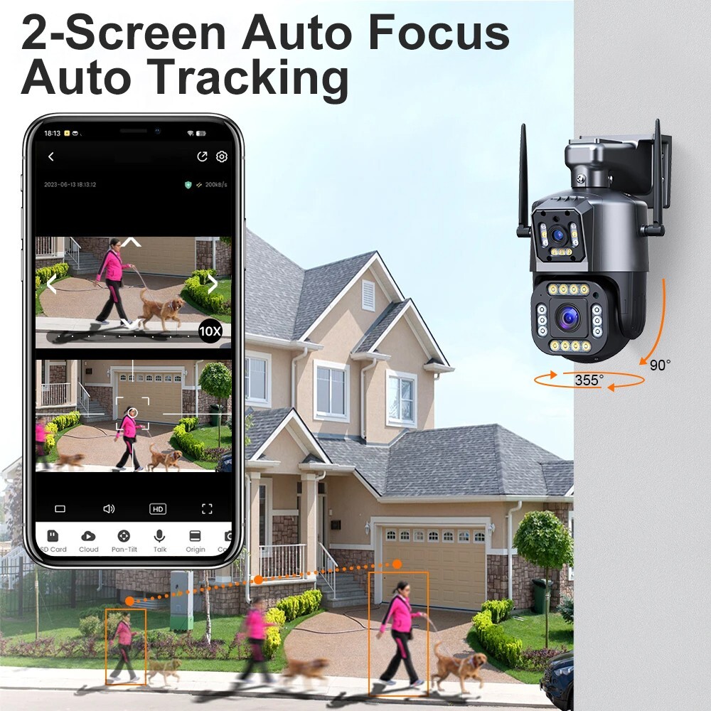 WiFi 8MP Wireless PTZ Camera Security CCTV Waterproof Two-Way Audio 2-Lens