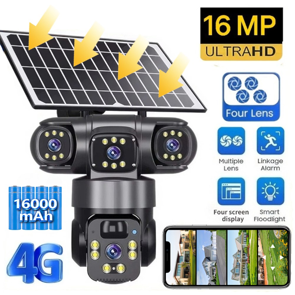4PCS 16MP 4G SIM Solar Battery Security IP Camera Outdoor Home 4 Lens PTZ CCTV