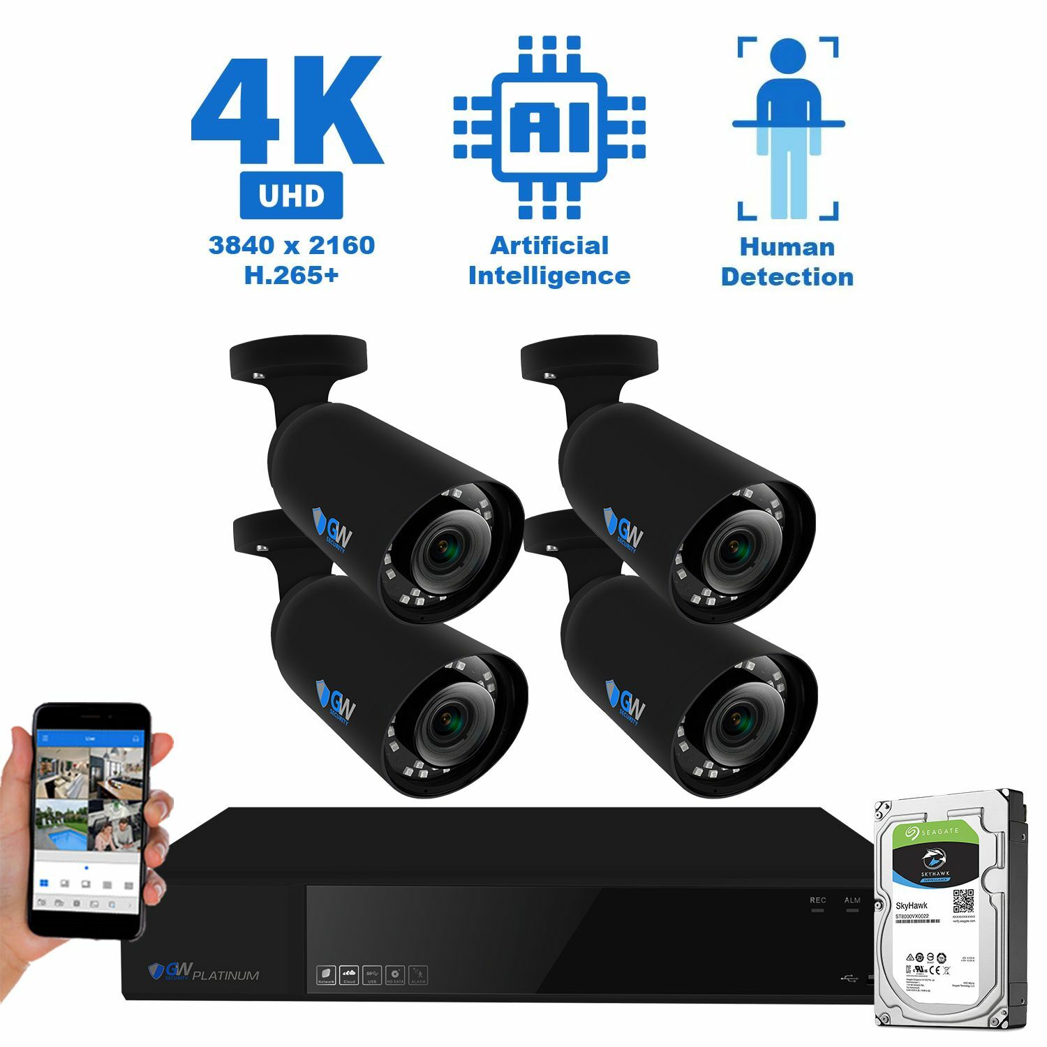 (4) 4K AI Smart Varifocal Cameras 8CH PoE NVR Color Night Vision Security System