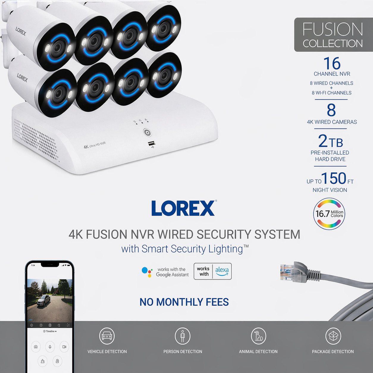 Lorex Fusion 4K 16-Ch 2TB Wired NVR Security System with 8 PoE Lightning Camera