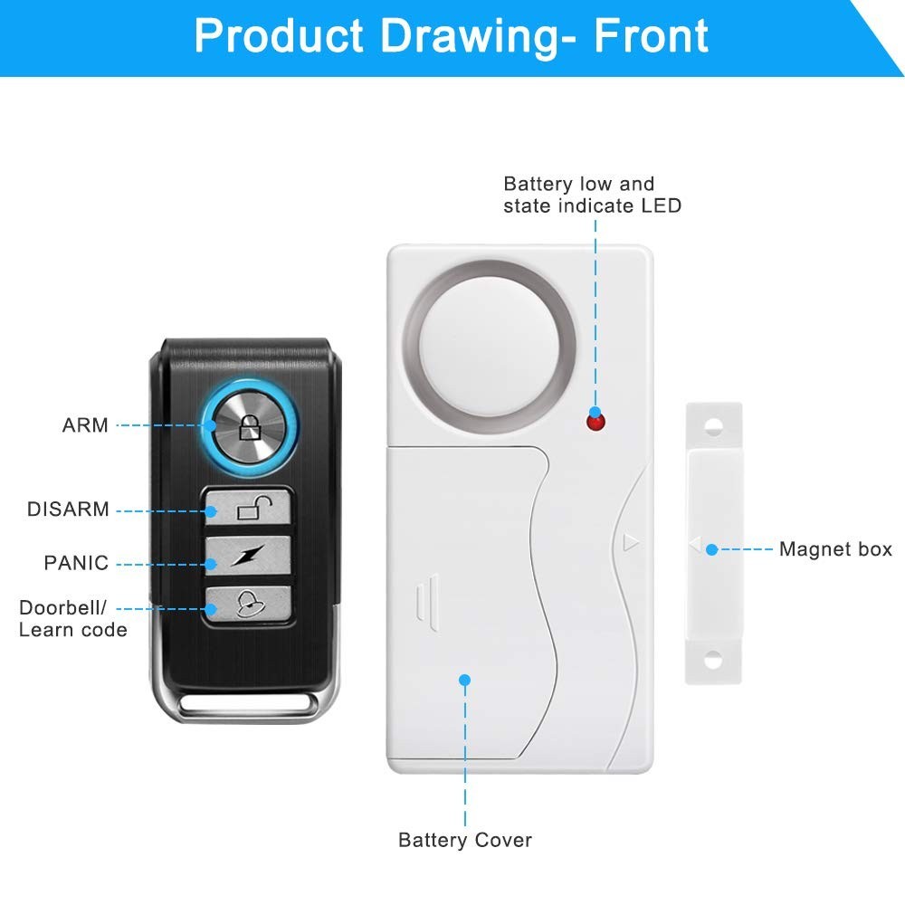 Wireless Door Alarm 2 Pack with Remote, 105 dB Loud Pool Safety Alarm, Battery I