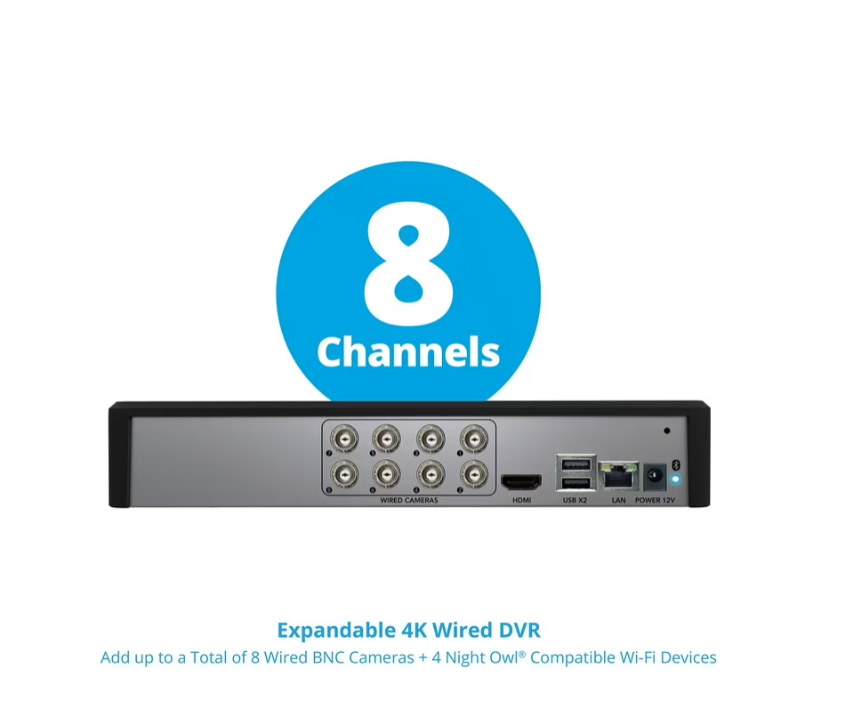 NEW Night Owl 8 Channel 4K Bluetooth DVR w/ 1TB Hard Drive & 4 Wired UHD Cameras