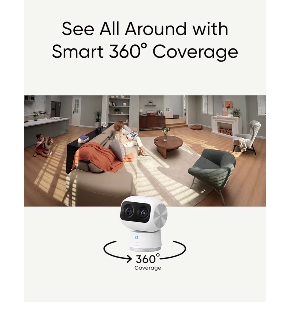 Security 4K Indoor Cam S350, No Subscription, Dual Cameras, 8× Zoom, 360° Covera