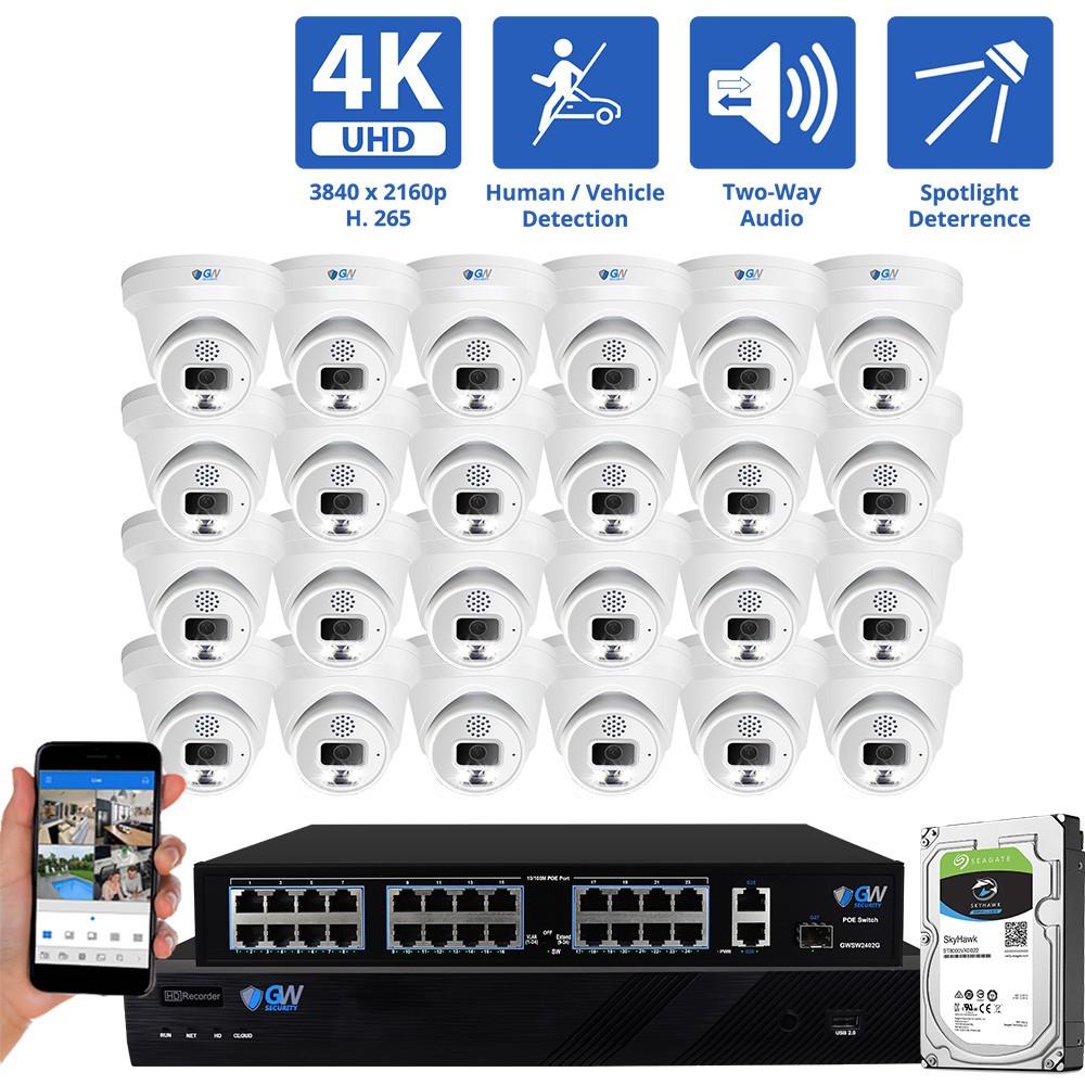 32 Channel NVR 24 X 8MP 4K 2-Way Audio Full Color Turret Security Camera System