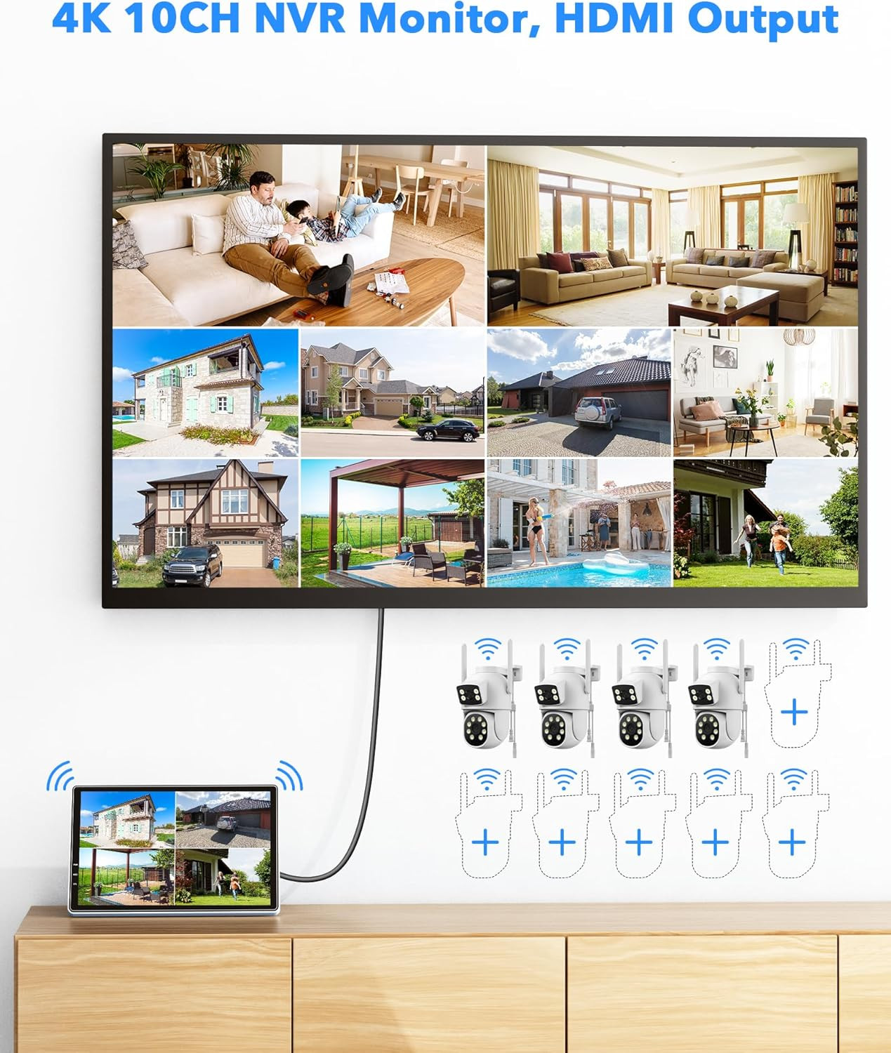 Wireless Security Camera System with 10.1″ Monitor, Dual Lens PTZ CCTV Camera Se