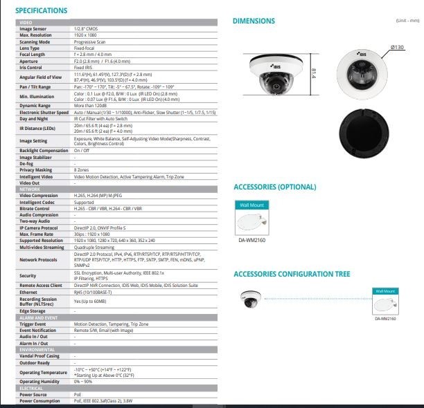 IDIS IP Camera Dome 2 Megapixel (1080p) NDAA Complaint DC-D4217RX-2.8mm