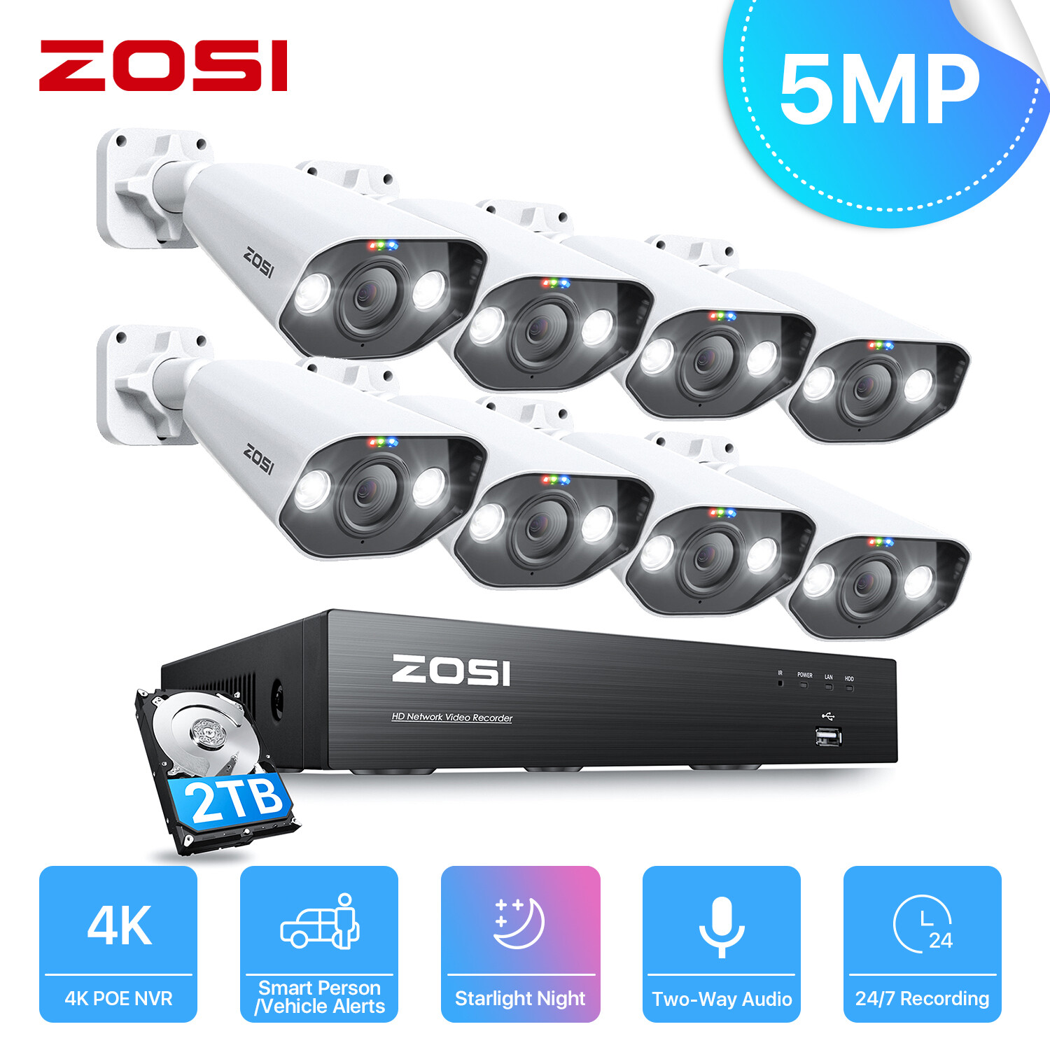 ZOSI 8CH/16CH 4K NVR 5MP POE Security Camera System AI Human Car Detect IR Audio