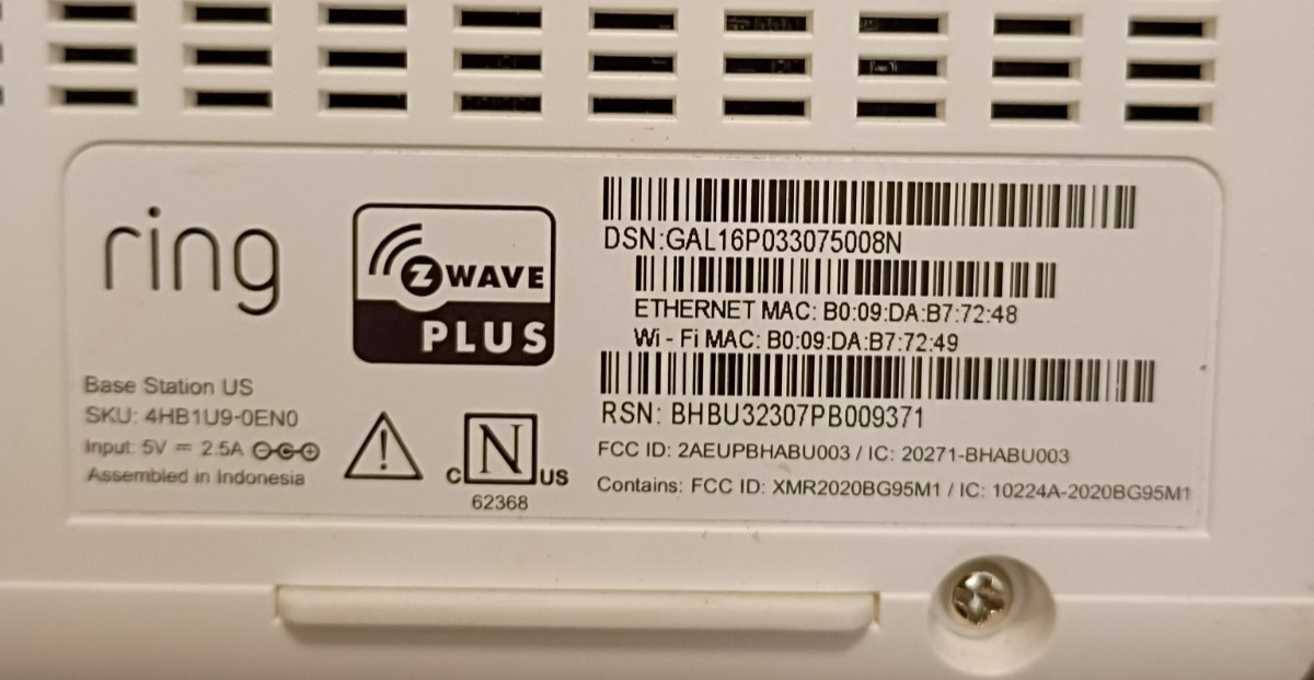 RING Base Station US 4HB1U90EN0 Z Wave Plus w/ Power Cable