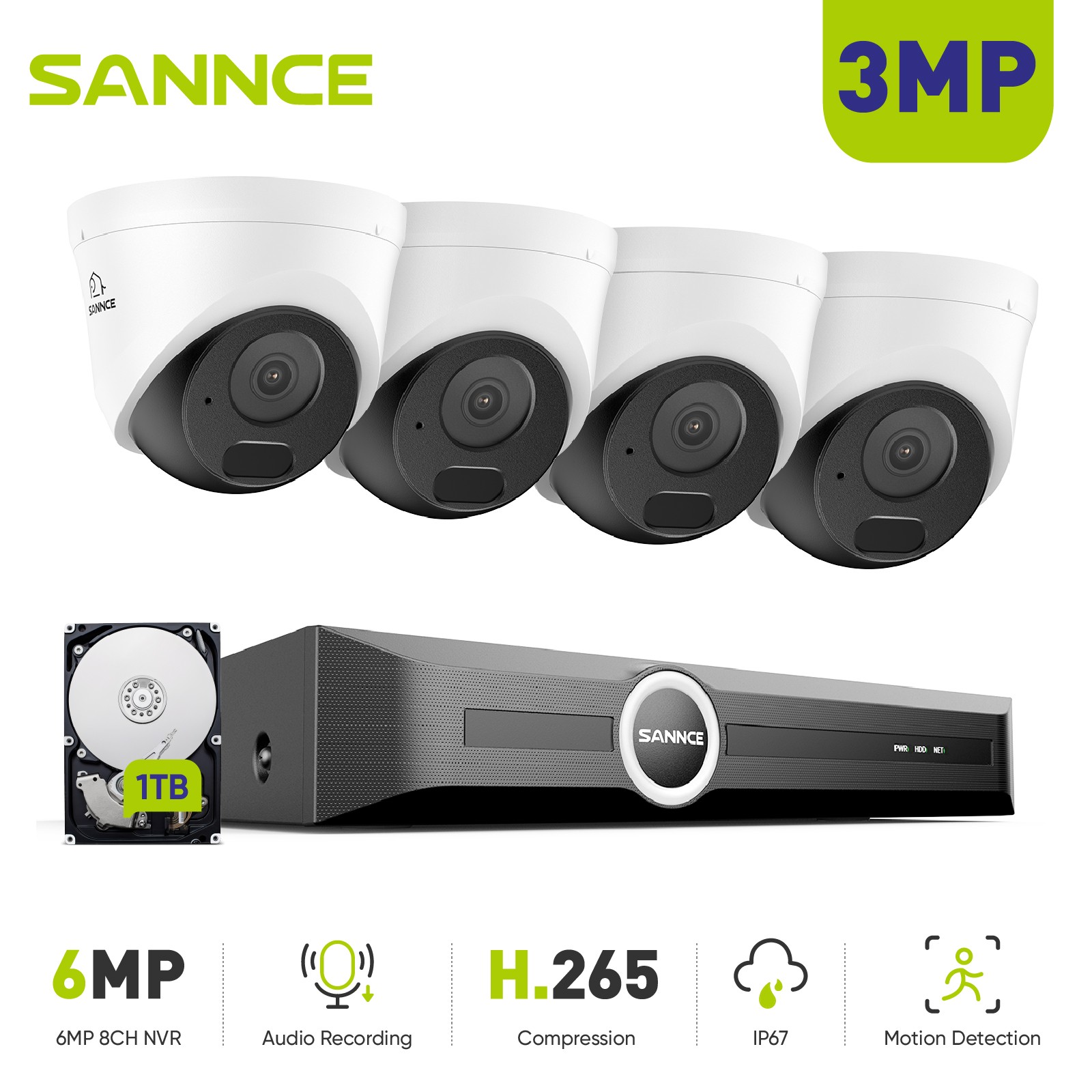 SANNCE 8CH 6MP NVR 3MP Audio POE Security IP Camera System Outdoor IP67 IR 1TB