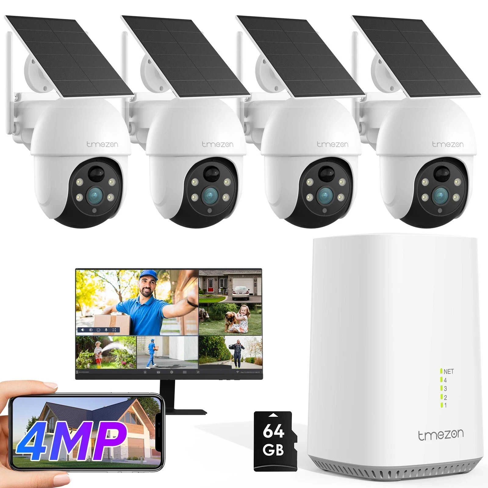 Wireless Solar Security Camera 4PCS System Outdoor 4MP HDMI NVR with 2-Way Audio